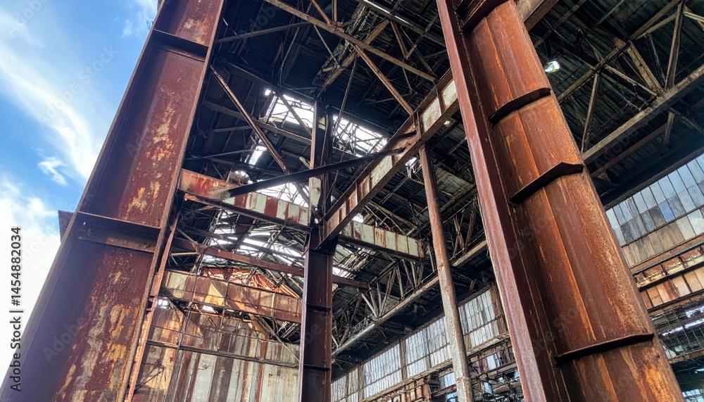 Poster rusty industrial structure with abandoned elements and sky view