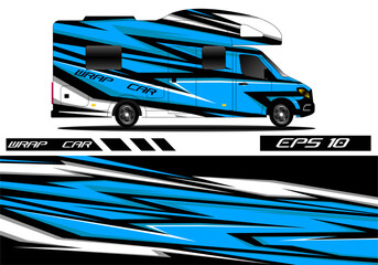 Vibrant blue and black RV wrap design showcasing motion