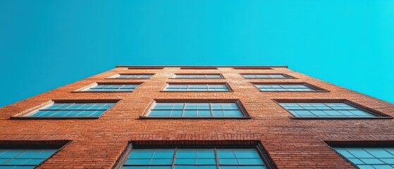 Brick building rises vertically with symmetrical windows against a cloudless blue sky, showcasing architecture.