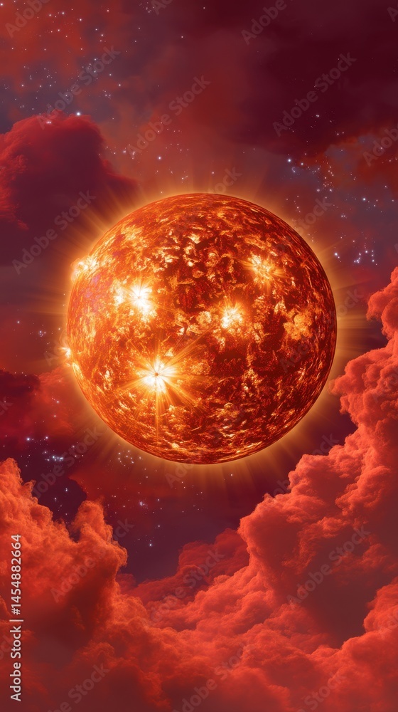 Poster large sun with solar flares against a background of red clouds and stars in outer space.