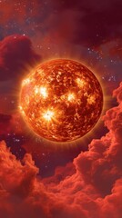 Large sun with solar flares against a background of red clouds and stars in outer space.