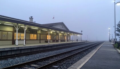 Obraz premium Foggy Morning at Historic Train Station with Empty Tracks and Lights