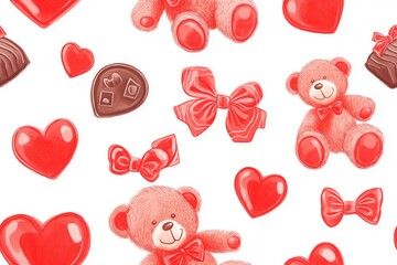 Seamless Pattern with Teddy Bears, Hearts, Chocolates, and Bows for Cute Valentine's Day Background