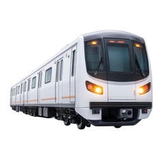 Fototapeta premium Modern white subway train with sleek design and illuminated headlights, set against transparent background. train features multiple connected carriages and large windows