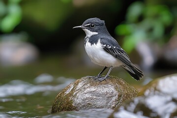 Obraz premium A small black and white bird sitting on a wet rock