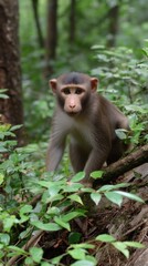 Monkey observes from the dense foliage of the forest; a primate in its natural habitat with lush green environment.