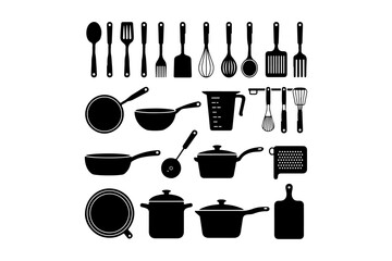 Collection of various kitchen utensils and cookware in black silhouette