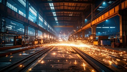 Fototapeta premium Sparks Flying in Industrial Warehouse During Metalworking Process
