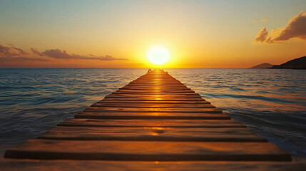 A wooden pier stretching into the ocean with the sun setting on the horizon.
