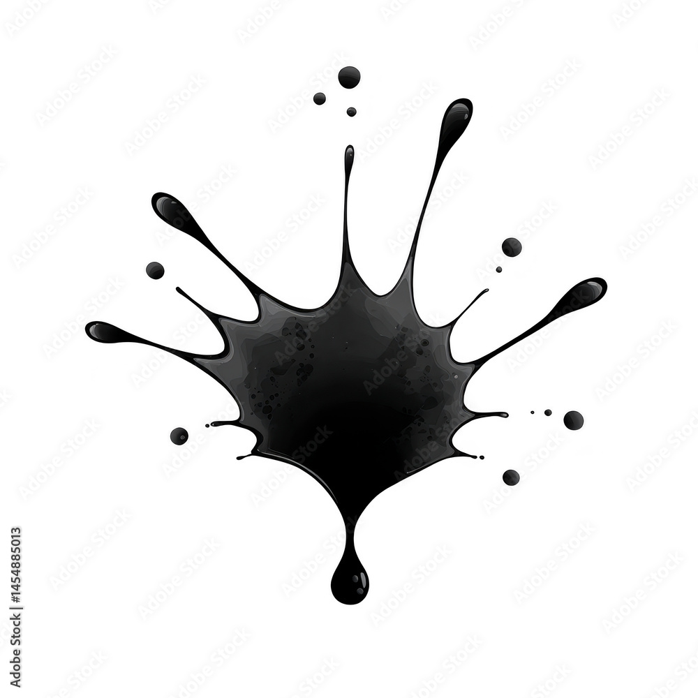 Poster black ink splatter with irregular edges and droplets radiating outward on transparent background. de