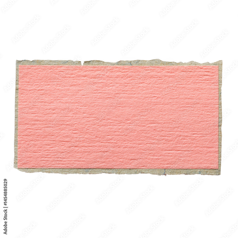 Poster torn piece of pink textured paper with rough edges is isolated on transparency background, creating 