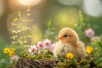 A small fluffy baby chick rests serenely amidst beautiful spring flowers