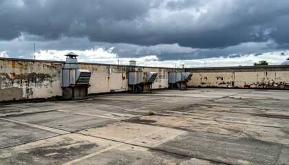 Empty Rooftop Space with Ventilation Units Against Cloudy Sky