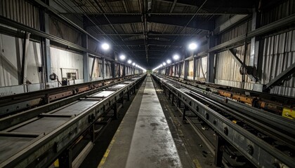 Industrial Warehouse Interior with Long Train Tracks and Lights