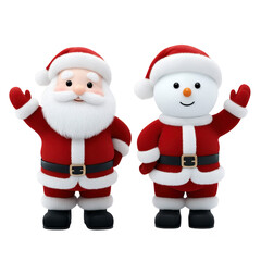 Santa Claus and snowman dressed in matching red suits wave cheerfully, embodying festive spirit of Christmas. Their joyful expressions and holiday attire create warm, seasonal atmosphere