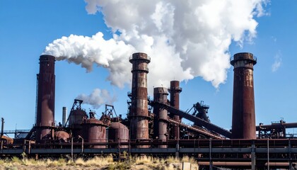 Industrial Landscape with Smoke Stacks and Blue Sky Background
