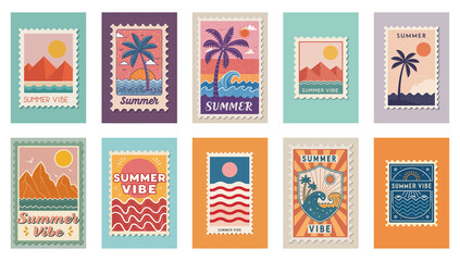 Vintage Vacation Postage Stamp Illustrations: Sun, Sea, Mountains, Palms