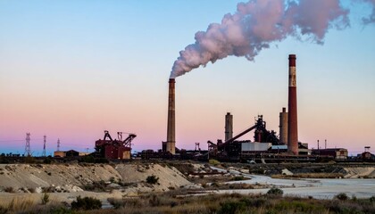 Industrial Factory Landscape with Smoke Stacks Against Sunset Sky