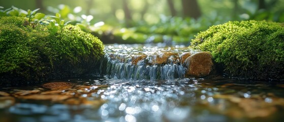 Fototapeta premium Small waterfall cascades gently over mossy rocks in sunlit forest, illustrating nature's tranquility.
