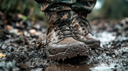 Trekking Boots in Mud: Close-Up of Military Camouflage Legs Showcasing Durable Footwear for Extreme Outdoor Conditions
