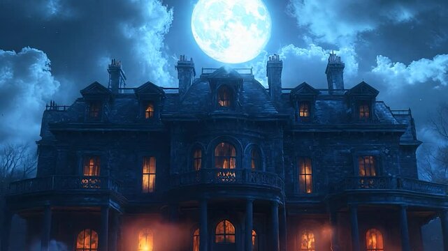 Dramatic haunted mansion silhouetted at night with full moon and fog eerie house architecture