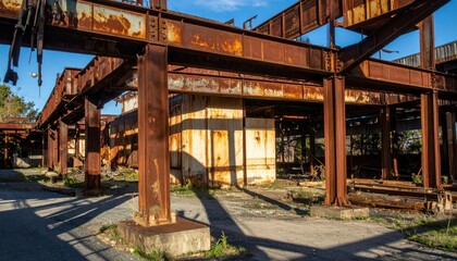 Abandoned Industrial Structure with Rusty Steel Beams and Shadow Play