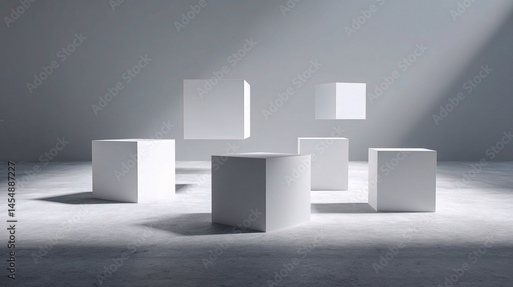 Poster minimalistic scene with floating white cubes and soft shadows