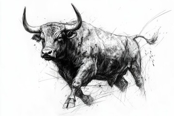 Vintage Bull Illustration: Striking Ink Sketch of a Majestic Beast with Prominent Horns on Clean White Background