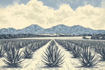Vintage Etching of Agave Harvesting: Retro Field Scene for Tequila Production, Hand-Drawn Woodcut Illustration