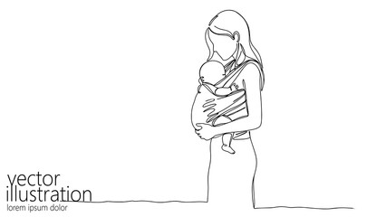Woman holds baby in sling. Mother s long hair dress and baby carrier. Parenting blogs baby product promotion. Minimalist one-line art with white background