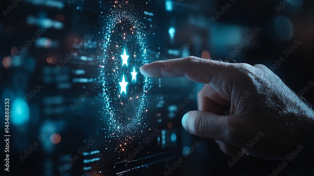 Poster futuristic digital touchscreen interaction, a person interacts with a digital touchscreen interface 