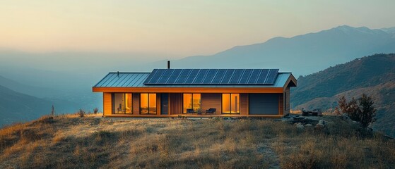 Modern eco-house stands prominently on a hillside, displaying solar panels against backdrop of mountains at sunset.