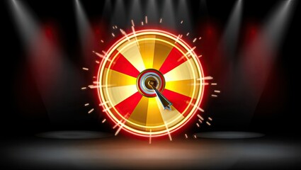 A golden spinning wheel lit by red spotlights rests on a stage, suggesting chance, suspense, and high-stakes energy. Generative AI.