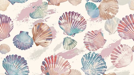 A seamless Retro pattern of Vintage seashells with Coastal vibes, featuring Soft, Faded, Muted colors in a textured background.

