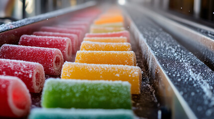 A batch of colorful sour belts being dusted with sugar on a conveyor belt.
