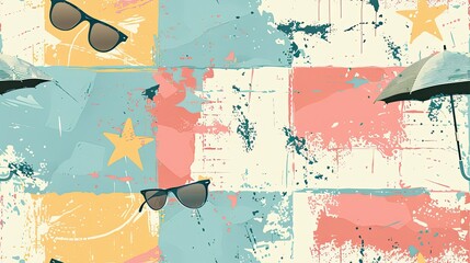 Retro Summer design with Umbrellas and Sunglasses, blending Pop Art and playful grunge. Palette: muted teal, coral, sand.