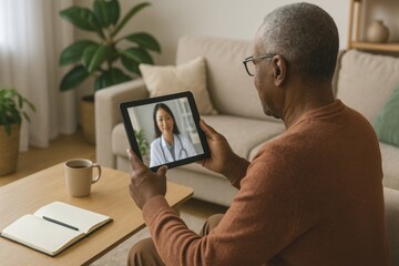Elderly man having video call with doctor on tablet



