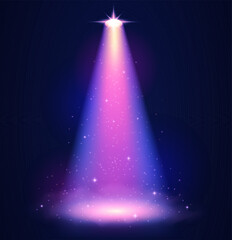 Purple and Pink Magic Spotlight Beam with Sparkles on Dark Stage Background, Glowing Cone of Light in Night Scene, vector illustration
