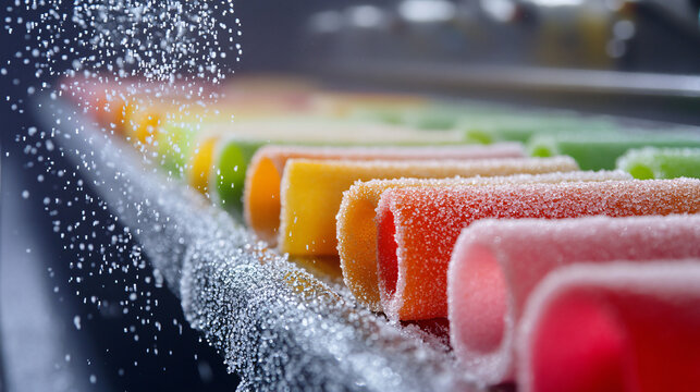 A batch of colorful sour belts being dusted with sugar on a conveyor belt.