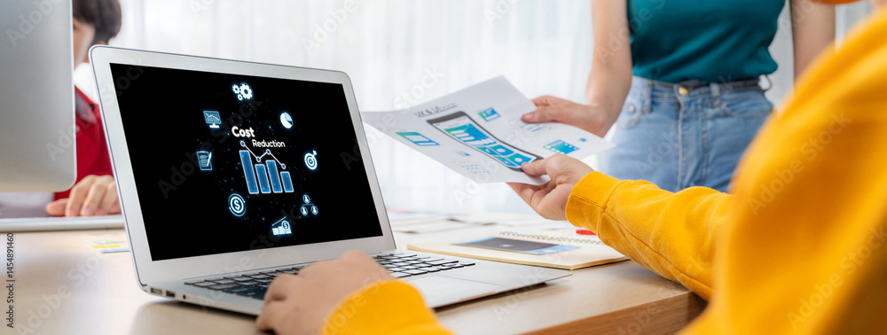 Poster cost reduction, cost saving concept shown on computer screen brisk, corporate business efficiently s