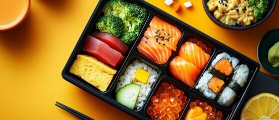Bento box contains variety of Japanese foods including sashimi, sushi, vegetables arranged neatly for convenient and appealing meal.