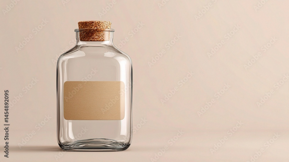 Poster empty transparent bottle with blank label on clean background