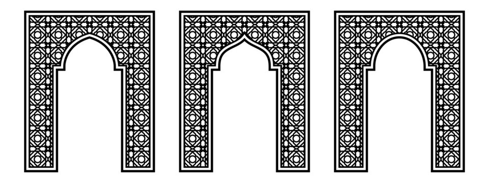 Islamic Arch Frame with Intricate Geometric Pattern and Mashrabiya Border, Editable Vector EPS for Mosque Art, Laser Cutting, CNC Panels, and Middle Eastern Decor