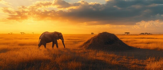 Fototapeta premium African elephant strides through savanna grasslands during golden hour, casting long shadows near haystack under dramatic sky.