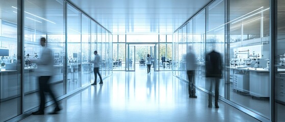 Scientists walking in laboratory hallway with glass walls and modern equipment, suggesting busy research environment.
