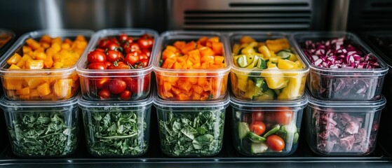 Obraz premium Prepared vegetables show organization in clear plastic containers, representing food storage and dietary diversity.