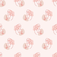Mother and Baby One Line Drawing Seamless Pattern