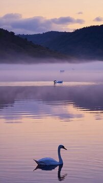 Misty lake sunrise swans tranquil scene