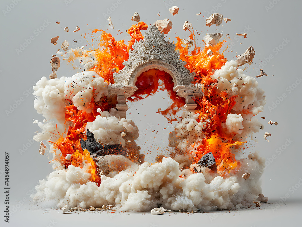 Poster an architectural structure appears to be exploding showcasing vibrant orange flames and white smoke.