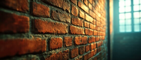 Brick wall stands in a room near window, exhibiting aged texture.